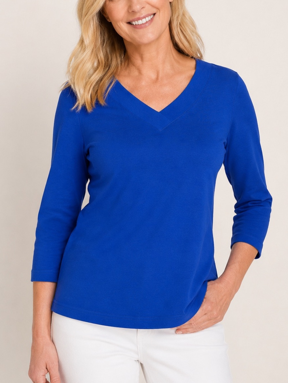 Chico’s Size 1 Medium Blue Pima Cotton V Neck Top 3/4 Sleeve Stretch Casual